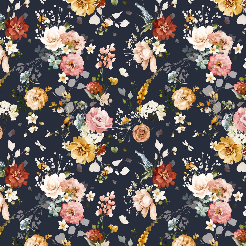 Poplin katoen digitaal flowers op blauw