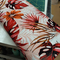 Katoen stretch satin print leaves nude